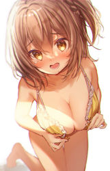 Rule 34 | 1girl, bare arms, bare legs, bare shoulders, barefoot, blush, bra, breasts, brown eyes, brown hair, cleavage, collarbone, commentary request, fingernails, frilled bra, frills, gyozanuko, hair between eyes, hair intakes, head tilt, highres, large breasts, leg up, long hair, looking at viewer, nose blush, one side up, open mouth, original, simple background, solo, standing, standing on one leg, tearing up, teeth, underwear, white background, yellow bra