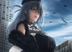 Rule 34 | 1girl, absurdres, arturaxia, beret, bespectacled, bird, black-framed eyewear, black choker, black hat, black jacket, black ribbon, blue eyes, blue hair, blue sky, breast pocket, building, choker, city, closed mouth, cloud, coat, day, earrings, from below, glasses, hat, highres, hololive, hoshimachi suisei, hoshimachi suisei (streetwear), jacket, jewelry, lace, lace-trimmed sleeves, lace choker, lace trim, lips, long hair, looking ahead, off-shoulder jacket, off shoulder, one eye closed, padded jacket, pocket, ribbed shirt, ribbon, seagull, shirt, sky, skyscraper, sleeveless, sleeveless shirt, solo, stud earrings, upper body, virtual youtuber, winter clothes, winter coat