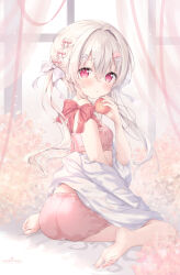 Rule 34 | 1girl, :o, amedamacon, ass, barefoot, blush, bow, breasts, commentary request, curtains, food, from behind, fruit, grey hair, hair between eyes, hair bow, hair intakes, hair ornament, hairclip, hand up, heart, heart hair ornament, highres, holding, holding food, holding fruit, long hair, looking at viewer, looking back, low twintails, off shoulder, open clothes, open shirt, original, parted lips, peach, pink shorts, purple eyes, red bow, shirt, short shorts, shorts, sitting, small breasts, solo, transparent, twintails, very long hair, wariza, white bow, white shirt, window, x hair ornament