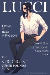 Rule 34 | 1boy, black hair, cover, english text, facial hair, facing ahead, full body, goatee, hand in pocket, highres, invisible chair, long hair, magazine cover, male focus, one piece, rob lucci, sayakdrinking, shirt, sitting, solo, sunglasses, thick eyebrows