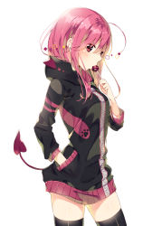 Rule 34 | 1girl, ahoge, animal hood, ass, black thighhighs, blush, border, candy, cowboy shot, demon tail, food, from side, hand in pocket, hand up, highres, holding, holding food, hood, hood down, hoodie, koi pink-chan, lollipop, long hair, long sleeves, mouth hold, original, paw print, pink hair, red eyes, sakuragi ren, simple background, solo, square, tail, thighhighs, white background, zettai ryouiki, zipper