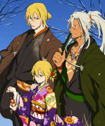 Rule 34 | 1girl, 2boys, black kimono, blonde hair, blue eyes, blue sky, brother and sister, folded fan, collarbone, dark skin, day, edna (tales), eizen (tales), eye contact, flower, folding fan, grin, hair between eyes, hair flower, hair ornament, hand fan, hand on another&#039;s shoulder, haori, highres, holding, holding fan, japanese clothes, kimono, long hair, long sleeves, looking at another, multiple boys, official alternate costume, open mouth, orange eyes, outdoors, ponytail, purple kimono, red flower, short hair, siblings, silver hair, sky, smile, snowing, tales of (series), tales of berseria, tales of zestiria, tattoo, wide sleeves, yarr, yukata, zaveid (tales)