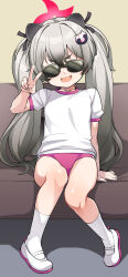 Rule 34 | 1girl, absurdres, alternate costume, animal ears, blue archive, couch, gym uniform, halo, highres, konnyaku (kk-monmon), looking at viewer, michiru (blue archive), sitting, solo, sunglasses, v