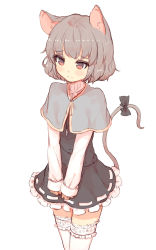 Rule 34 | 1girl, animal ears, blush, bow, capelet, grey hair, highres, jewelry, miniskirt, mouse ears, mouse tail, nazrin, pendant, petticoat, red eyes, shone, short hair, simple background, skirt, skirt set, solo, tail, tail bow, tail ornament, thighhighs, touhou, v arms, white background, white thighhighs, zettai ryouiki