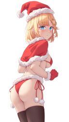 Rule 34 | 1girl, alternate costume, ass, blonde hair, blue eyes, blush, capelet, fur-trimmed capelet, fur-trimmed headwear, fur trim, gloves, hair ornament, hat, highres, hololive, hololive english, looking at viewer, looking back, panties, red gloves, santa costume, santa hat, shironekokfp, short hair, side-tie panties, simple background, solo, sweat, thighhighs, underwear, virtual youtuber, watson amelia, white background