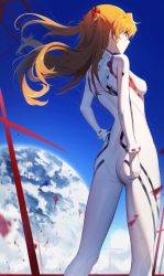 Rule 34 | 1girl, ass, blue sky, bodysuit, breasts, closed mouth, cloud, cloudy sky, commentary request, evangelion: 3.0+1.0 thrice upon a time, gloves, hair ornament, hand up, highres, interface headset, long hair, long sleeves, looking away, medium breasts, neon genesis evangelion, orange hair, plugsuit, rebuild of evangelion, simple background, skin tight, sky, solo, souryuu asuka langley, takom, white bodysuit
