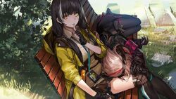 Rule 34 | 2girls, armband, artist request, bench, black gloves, black hair, black jacket, black pantyhose, black skirt, black thighhighs, blonde hair, breasts, check artist, closed mouth, day, earpiece, feet out of frame, finger to mouth, fingerless gloves, game cg, girls&#039; frontline, gloves, grass, headgear, heterochromia, hood, hooded jacket, id card, infukun, jacket, lanyard, lap pillow, large breasts, long hair, looking at viewer, lying, m4 sopmod ii (girls&#039; frontline), mechanical hands, multicolored hair, multiple girls, official art, on bench, orange eyes, outdoors, pantyhose, park bench, red armband, red hair, ro635 (girls&#039; frontline), rock, sitting, skirt, streaked hair, sweater, thighhighs, tree, twintails, white hair, white sweater, yellow eyes, yellow jacket