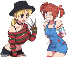 Rule 34 | 2girls, a nightmare on elm street, absurdres, bare shoulders, black choker, blonde hair, blue eyes, bow, breasts, bright pupils, brown eyes, brown hair, child&#039;s play, choker, chucky, cleavage, dashi (dashiart), freddy krueger, genderswap, genderswap (mtf), grin, hair bow, hat, highres, holding, holding knife, knife, medium breasts, micro shorts, multiple girls, one eye closed, open mouth, overalls, ponytail, red bow, shirt, shorts, simple background, small breasts, smile, torn clothes, twintails, white background, white pupils
