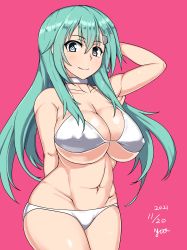Rule 34 | 1girl, absurdres, aqua eyes, aqua hair, arm behind back, bikini, breasts, choker, cleavage, commentary request, cowboy shot, hair ornament, hairclip, highres, kantai collection, large breasts, long hair, looking at viewer, nishiumi yuuta, pink background, smile, solo, standing, suzuya (kancolle), swimsuit, white bikini, white choker