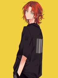 Rule 34 | 1boy, alid (4l1me1d), black pants, black shirt, closed mouth, ensemble stars!, expressionless, facing to the side, green eyes, half updo, hands in pockets, highres, looking at viewer, male focus, orange hair, pants, shirt, short ponytail, short sleeves, solo, tsukinaga leo, yellow background