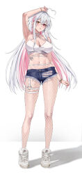 Rule 34 | 1girl, absurdres, bikini, bikini top only, breasts, cleavage, collarbone, crossed bangs, denim, denim shorts, earrings, fila, fishnets, hair between eyes, halterneck, hand on own head, hand up, heterochromia, highres, jewelry, large breasts, looking at viewer, midriff, multiple thigh straps, nail polish, navel, orange eyes, original, pink hair, red eyes, shoes, short shorts, shorts, sneakers, solo, standing, swimsuit, thigh strap, torn clothes, torn shorts, two-tone, vitaminechan, vivi (vitaminechan), white background, white bikini, white footwear, white hair, wristband