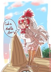 Rule 34 | 1girl, bird girl, bird wings, blush, boots, bow, bowtie, chicken (kemono friends), commentary request, english text, head wings, highres, kemono friends, long hair, multicolored hair, nakashi masakumi, orange eyes, pleated skirt, red bow, red bowtie, red hair, shirt, short sleeves, skirt, solo, t-shirt, thigh boots, thighhighs, two-tone hair, vest, white hair, white shirt, white skirt, white vest, wings, yellow footwear