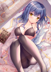 Rule 34 | 1girl, absurdres, bare shoulders, black bra, black panties, black pantyhose, blanket, blunt bangs, blush, book, bra, breasts, circle name, collarbone, commentary request, from above, hair ornament, hand up, highres, holding sash, indoors, knees up, large breasts, long hair, long sleeves, looking at viewer, looking up, lying, messy hair, nanami yuuno, off-shoulder shirt, off shoulder, on back, original, panties, pantyhose, parted lips, purple eyes, sash, shirt, sidelocks, sleeves past wrists, slippers, solo, sousouman, thigh strap, underwear, white shirt, wooden floor, x hair ornament, yellow eyes