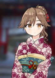 Rule 34 | 1girl, absurdres, alternate costume, alternate hairstyle, arashio (kancolle), blurry, brown eyes, brown hair, commission, depth of field, floral print, highres, japanese clothes, kantai collection, kimono, kosame (iso), long hair, looking at viewer, pink kimono, ponytail, skeb commission, smile, solo, upper body, yukata