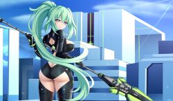 Rule 34 | 1girl, absurdres, ass, bodysuit, breasts, butt crack, from behind, green hair, green heart (neptunia), highres, large breasts, long hair, looking at viewer, looking back, neptune (series), parted lips, polearm, ponytail, purple eyes, seductive smile, sideboob, smile, solo, spear, thick thighs, thighs, very long hair, weapon