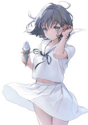 Rule 34 | 1girl, black hair, black ribbon, blue eyes, commentary request, food, holding food, holding ice cream, ice cream, looking at viewer, ne-on, original, pleated skirt, ribbon, sailor collar, school uniform, shirt, short hair, short sleeves, simple background, skirt, solo, standing, thighs, white background, white sailor collar, white shirt, white skirt, wind