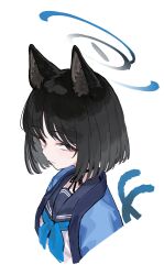 Rule 34 | 1girl, absurdres, animal ears, black eyes, black hair, black sailor collar, blue archive, blue halo, blue neckerchief, cat ears, cat tail, eyeliner, halo, haori, highres, japanese clothes, kikyou (blue archive), makeup, multiple tails, neckerchief, nekomata, open mouth, portrait, red eyeliner, sailor collar, scarlet23i0, school uniform, serafuku, short hair, simple background, solo, tail, two tails, white background