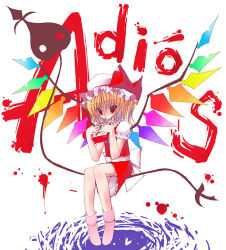 Rule 34 | 1girl, blonde hair, blood, blood bag, bow, child, drinking blood, embodiment of scarlet devil, female focus, flandre scarlet, hat, hat bow, hazakura mitsuki, laevatein, mob cap, pink socks, puffy short sleeves, puffy sleeves, rainbow order, red bow, red eyes, red shirt, red skirt, shirt, short hair, short sleeves, sitting, skirt, socks, solo, spanish text, touhou, white bow, white hat, white sleeves, wings