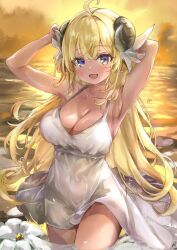 Rule 34 | 1girl, ahoge, armpits, arms behind head, arms up, blonde hair, blue eyes, breasts, cleavage, cloud, derk maxx, dress, flower, highres, hololive, horns, large breasts, long hair, looking at viewer, ocean, open mouth, outdoors, sheep girl, sheep horns, sky, smile, solo, sundress, sunset, thighs, tsunomaki watame, very long hair, virtual youtuber, wading, white dress