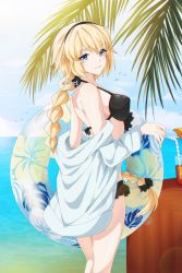 Rule 34 | 1girl, bikini, black bikini, black hairband, black scrunchie, blonde hair, blue eyes, braid, braided ponytail, breasts, closed mouth, clothes down, day, drinking straw, fate (series), floating hair, frilled bikini, frills, from side, hair ornament, hair scrunchie, hairband, highres, huge filesize, jacket, jeanne d&#039;arc (fate), jeanne d&#039;arc (swimsuit archer) (fate), jeanne d&#039;arc (swimsuit archer) (first ascension) (fate), killibrew, long hair, looking at viewer, medium breasts, ocean, open clothes, open jacket, outdoors, palm tree, ponytail, scrunchie, sideboob, smile, solo, standing, swimsuit, tree, very long hair, white jacket