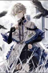 Rule 34 | 1boy, altimaen iten, bird, blonde hair, closed mouth, coat, crow, earrings, ghost spider (saibai shounen), green eyes, jewelry, long sleeves, looking at viewer, male focus, nail polish, official art, saibai shounen, second-party source, short hair, smile, solo, stud earrings