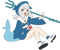 Rule 34 | 1girl, absurdres, animal hood, blue eyes, blue hoodie, blue socks, commentary, drawstring, fins, fish tail, fluffycatfish, full body, gawr gura, gawr gura (1st costume), grey hair, highres, holding, holding polearm, holding weapon, hololive, hololive english, hood, hood down, hood up, hoodie, knees together feet apart, knees up, long hair, long sleeves, looking at viewer, open mouth, polearm, shark hood, shark tail, sharp teeth, shoes, simple background, sitting, socks, solo, tail, teeth, trident, unfinished, virtual youtuber, weapon, white background, white footwear, wide sleeves