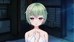 Rule 34 | 1girl, breasts, female focus, game cg, green hair, large breasts, looking at viewer, short hair, solo, summer pockets, towel, upper body