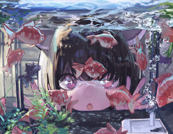Rule 34 | + +, 1girl, against glass, air bubble, animal, brown hair, bubble, eyebrows hidden by hair, fish, fish tank, goldfish, hands up, microa, open mouth, pink eyes, short hair, telescope goldfish, touhoku kiritan, voiceroid, water