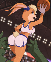 Rule 34 | 1boy, 1girl, animal ears, ass, barleyshake, blue eyes, blurry, blurry background, covered erect nipples, feet out of frame, furry, furry female, highres, lola bunny, midriff, open mouth, profile, rabbit ears, rabbit girl, rabbit tail, shorts, signature, solo focus, space jam, tail, tank top, white shorts, white tank top