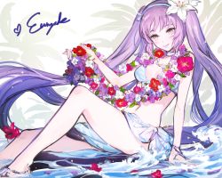 Rule 34 | 1girl, arm at side, arm up, bikini, blue hairband, blush, brown eyes, character name, euryale (fate), fate/grand order, fate (series), flower, flower necklace, flower on liquid, hair flower, hair ornament, hairband, jewelry, k (sktchblg), long hair, looking at viewer, necklace, purple flower, purple hair, red flower, sitting, solo, stomach, swimsuit, very long hair, white flower