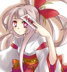 Rule 34 | 1girl, blush, bow, expressionless, hair bow, holding, japanese clothes, kazuha souju, long hair, long sleeves, looking at viewer, miko, ofuda, red bow, red eyes, simple background, solo, tareme, white background, wide sleeves
