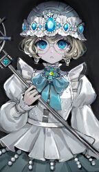 Rule 34 | 1girl, absurdres, black background, blonde hair, blue bow, blue bowtie, blue eyes, blue gemstone, bow, bowtie, brooch, cowboy shot, cross, curly hair, diamond-shaped pupils, diamond (shape), dress, earrings, expressionless, gem, glasses, hair between eyes, hat, helena adams, highres, hoge (n8sss), holding, holding staff, identity v, jewelry, long sleeves, looking at viewer, mob cap, official alternate costume, puffy long sleeves, puffy sleeves, round eyewear, short hair, simple background, solo, staff, symbol-shaped pupils, white dress, white hat