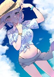 1girl azur_lane bikini bikini_under_clothes bikini_under_skirt blue_eyes blue_shirt blue_sky blush breasts casual collared_shirt commentary_request crop_top day floral_print from_below grin groin hands_up hat hawaiian_shirt highres hip_focus medium_breasts medium_hair midriff navel outdoors seattle_(azur_lane) shirt short_hair sky smile solo straw_hat swimsuit take_yaki tied_shirt v_over_mouth white_hair