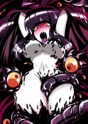 Rule 34 | 1girl, artist request, black hair, breasts, colored sclera, cyclops, female focus, female masturbation, gazer (monster girl encyclopedia), highres, large breasts, long hair, masturbation, monster girl, monster girl encyclopedia, navel, one-eyed, open mouth, red eyes, saliva, sharp teeth, solo, teeth, tentacles, tongue, tongue out, underboob, yellow sclera