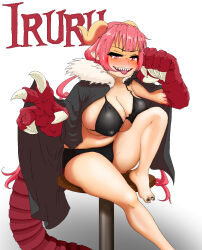 Rule 34 | 1girl, barefoot, bikini, black bikini, black cape, black toenails, blush, breasts, cape, character name, claws, death by lolis, dragon tail, feet, fur collar, gradient background, grey background, half-closed eyes, highres, horns, huge breasts, ilulu (maidragon), kobayashi-san chi no maidragon, long hair, looking at viewer, low twintails, monster girl, open clothes, pink eyes, pink hair, sharp teeth, sitting, slit pupils, smile, solo, stool, swimsuit, tail, teeth, toenails, tongue, tongue out, twintails, upper teeth only, white background
