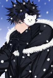 Rule 34 | 1boy, animal earmuffs, black coat, black gloves, black hair, black jacket, coat, commentary, earmuffs, eyelashes, fur-trimmed coat, fur trim, fushiguro megumi, fushirun rung, gloves, green eyes, high collar, highres, hood, hooded coat, jacket, jujutsu kaisen, long sleeves, looking to the side, male focus, open clothes, outdoors, short hair, snow, snowing, solo, spiked hair, symbol-only commentary, winter, winter clothes