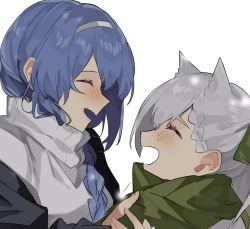 Rule 34 | 2girls, animal ears, aogisa, bad id, bad pixiv id, blue hair, blush, braid, closed eyes, dp-12 (girls&#039; frontline), girls&#039; frontline, green scarf, grey hair, hair ribbon, hairband, highres, holding hands, jacket, ksvk (girls&#039; frontline), long hair, mod3 (girls&#039; frontline), mother and daughter, multiple girls, open mouth, ribbon, scarf, smile, sweater, white background, white sweater, wolf ears