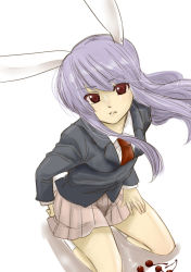 Rule 34 | 1girl, animal ears, bad id, bad pixiv id, cherry, female focus, food, from above, fruit, hand on own thigh, hand on thigh, kneeling, koyama shigeru, necktie, purple hair, rabbit ears, rabbit girl, rabbit tail, red eyes, reisen udongein inaba, skirt, solo, tail, touhou, white background