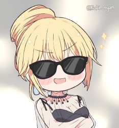 Rule 34 | 1girl, blonde hair, breasts, dress, hair bun, hair ornament, hololive, hololive english, kukie-nyan, looking at viewer, mole, mole on breast, open mouth, single hair bun, smile, solo, sunglasses, virtual youtuber, watson amelia, watson amelia (party dress)