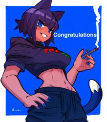 Rule 34 | 1girl, amazu (kurozu), animal ears, between fingers, blue background, blue eyes, blue nails, blue pants, breasts, cat ears, cat girl, cat tail, cigarette, commentary, congratulations, cowboy shot, crop top, drawstring, english commentary, grin, highres, holding, holding cigarette, hood, hood down, hoodie, medium breasts, midriff, nail polish, navel, original, pants, puffy short sleeves, puffy sleeves, purple hair, purple hoodie, short sleeves, smile, smoke, solo, tail, two-tone background, white background