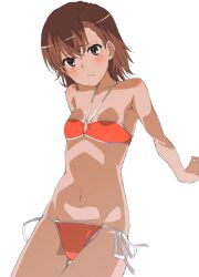 1girl :/ alternate_costume bare_shoulders bikini blush brown_eyes brown_hair flat_chest hair_between_eyes halterneck highres looking_at_viewer lying misaka_mikoto navel orange_bikini revision short_hair shou937 side-tie_bikini_bottom skindentation solo swimsuit thigh_gap toaru_kagaku_no_railgun toaru_majutsu_no_index white_background