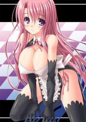 Rule 34 | 1girl, arm support, bare shoulders, black gloves, black thighhighs, blush, bow, bowtie, breasts, checkered background, cleavage, cleavage cutout, clothing cutout, covered erect nipples, detached collar, dream c club, dream c club (series), elbow gloves, female focus, gloves, hair between eyes, kneeling, lace, lace-trimmed legwear, lace trim, large breasts, legs, long hair, looking at viewer, maid, neck, noritama (gozen), panties, parted lips, pink bow, pink bowtie, pink hair, pink panties, purple eyes, revealing clothes, rui (dream c club), side-tie panties, side slit, solo, thighhighs, underwear, very long hair
