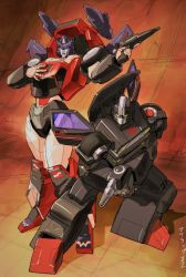 Rule 34 | autobot, blue eyes, burn out (transformers), gun, hand on own chest, holding, holding gun, holding weapon, leaning back, leaning forward, looking down, makoto ono, mecha, road rage (transformers), robot, shoulder cannon, smile, transformers, weapon, yellow eyes