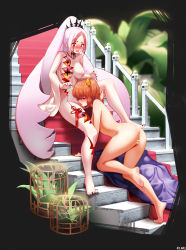 Rule 34 | 2girls, absurdres, ahoge, bar censor, barefoot, cage, censored, character request, cunnilingus, demon pillar (fate), fate/grand order, fate (series), feet, fujimaru ritsuka (female), hair ornament, hair scrunchie, highres, long hair, monster girl, multiple girls, ninai, nipples, nude, one side up, oral, orange eyes, orange hair, personification, pink hair, pussy, red eyes, scrunchie, side ponytail, stairs, yuri
