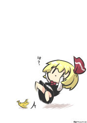 Rule 34 | 1girl, absurdres, banana peel, barefoot, blonde hair, commentary request, full body, goma (gomasamune), hair ribbon, highres, long hair, mario (series), mario kart, motion blur, necktie, outstretched arms, panties, ribbon, rumia, short hair, simple background, skirt, skirt set, slipping, solo, touhou, translation request, triangle mouth, twitter username, underwear, vest, white background, | |