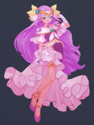 Rule 34 | 1girl, blue eyes, circlet, cure earth, dress, earrings, elbow gloves, full body, fuurin asumi, gloves, hair ornament, healin&#039; good precure, heart, jewelry, koteko (chop of toilet), light purple hair, long hair, looking at viewer, magical girl, open mouth, precure, purple dress, purple footwear, purple hair, shoes, sidelocks, simple background, smile, solo, very long hair, white gloves