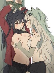 Rule 34 | 2girls, animal ear fluff, animal ears, arknights, bandeau, bare shoulders, bite mark, bite mark on breast, black hair, black shorts, blush, bound, bound wrists, breasts, commentary, dress shirt, elbow gloves, eye contact, finger in another&#039;s mouth, finger on nipple, fingerless gloves, gloves, grey eyes, groping, hair between eyes, hair ornament, hairclip, lappland (arknights), large breasts, long hair, long sleeves, looking at another, material growth, multiple girls, navel, official alternate costume, open clothes, open shirt, orange eyes, oripathy lesion (arknights), parted lips, red shirt, scar, scar across eye, seri (vyrlw), shirt, shorts, strapless, striped clothes, striped shorts, sweatdrop, symbol-only commentary, texas (arknights), texas (willpower) (arknights), tube top, white hair, wolf ears, wolf girl, yuri