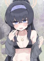 Rule 34 | 1girl, absurdres, bags under eyes, bare shoulders, bikini, black bikini, black hair, blue archive, blue eyes, blush, breasts, cardigan, collarbone, commentary, crossed bangs, grey cardigan, hair between eyes, hairband, halo, hands up, highres, jewelry, long hair, long sleeves, looking at viewer, lower teeth only, navel, nose blush, off shoulder, open cardigan, open clothes, open mouth, outdoors, pendant, ponytail, purple hairband, shiroron mochi, sidelocks, small breasts, solo, sweat, swimsuit, teeth, ui (blue archive), ui (swimsuit) (blue archive), upper body, wide sleeves, yellow halo