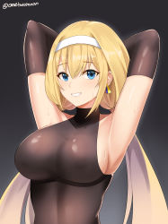 Rule 34 | 1girl, absurdres, armpits, arms behind head, artist name, black background, black gloves, blush, bodystocking, breasts, commission, elbow gloves, gloves, hairband, highres, large breasts, long hair, mitsuba greyvalley, parted lips, sideboob, skin tight, smile, solo, super robot wars, super robot wars 30, sweat, twomoon, upper body, white hairband