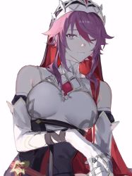 Rule 34 | 1girl, breasts, claw ring, closed mouth, detached sleeves, dress, genshin impact, habit, hair between eyes, hairband, hat, highres, large breasts, looking at viewer, multicolored hair, nun, one eye closed, purple eyes, purple hair, red hair, rosaria (genshin impact), short hair with long locks, simple background, solo, streaked hair, syusyu 043, two-tone hairband, upper body, white background